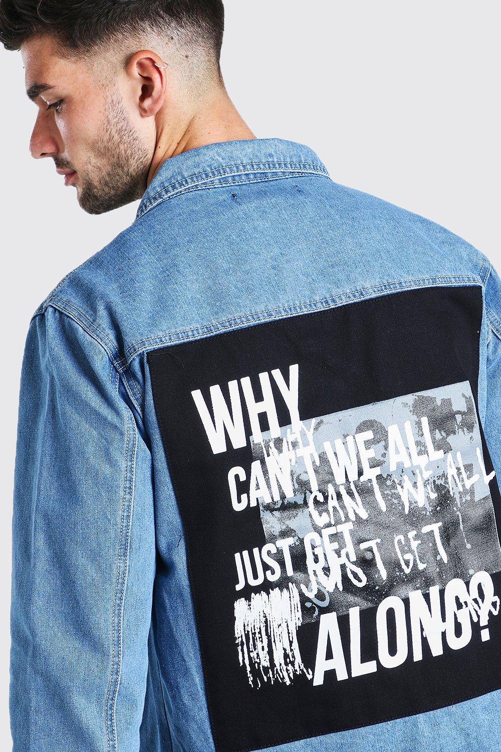 Denim jacket with words best sale on back